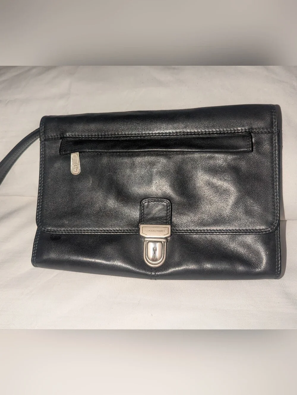 Claudio Fericci Black Leather Organizer Clutch Wristlet with Silver Hardware